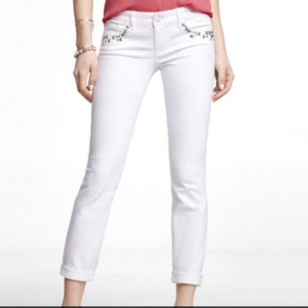Express Stella Low Rise Ankle Skinny Jeans White‎ Studded Pockets Size 2